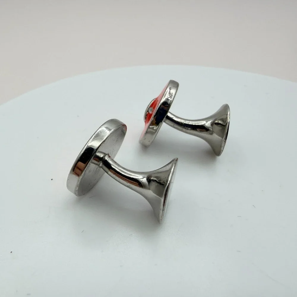 Vintage 90s Silver Tone Men Cufflink Stud Set Blue Red Enamel Jewelry